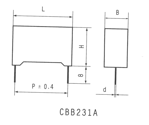 CBB231型雙面金屬化聚丙烯膜介質(zhì)電容器尺寸圖