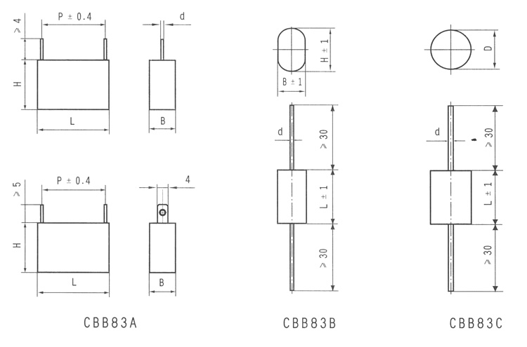 CBB83型金屬化聚丙烯膜電容器尺寸圖